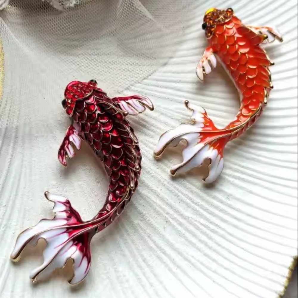 Koi Fish Maroon Red &Orange Gold Enamel Brooch Set– Symbol of Luck & Prosperity